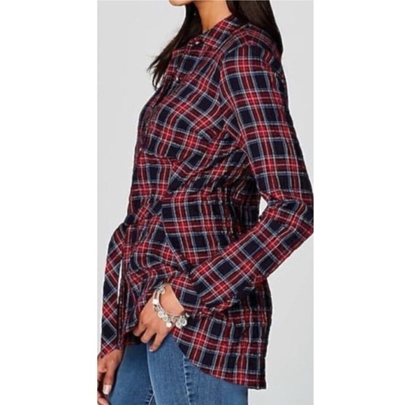 J. Jill Plaid Tie Front Button Up Shirt Red Black - Picture 2 of 12